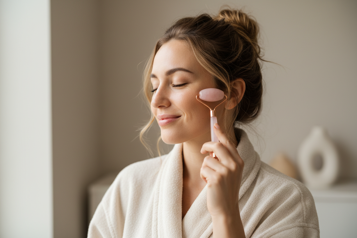 3/4 view shot of a woman facing slightly to the left, using a beauty accessory (gua sha / facial roller / exfoliating glove) on her skin. She is wearing a soft, minimal self-care outfit such as a cozy spa robe. Natural glow, realistic pores and texture, soft daylight, minimal makeup, authentic expression. High-end photography style, clean neutral background, realistic lighting, subtle imperfections to avoid an AI look, calm self-care atmosphere, ultra-realistic skin tones
