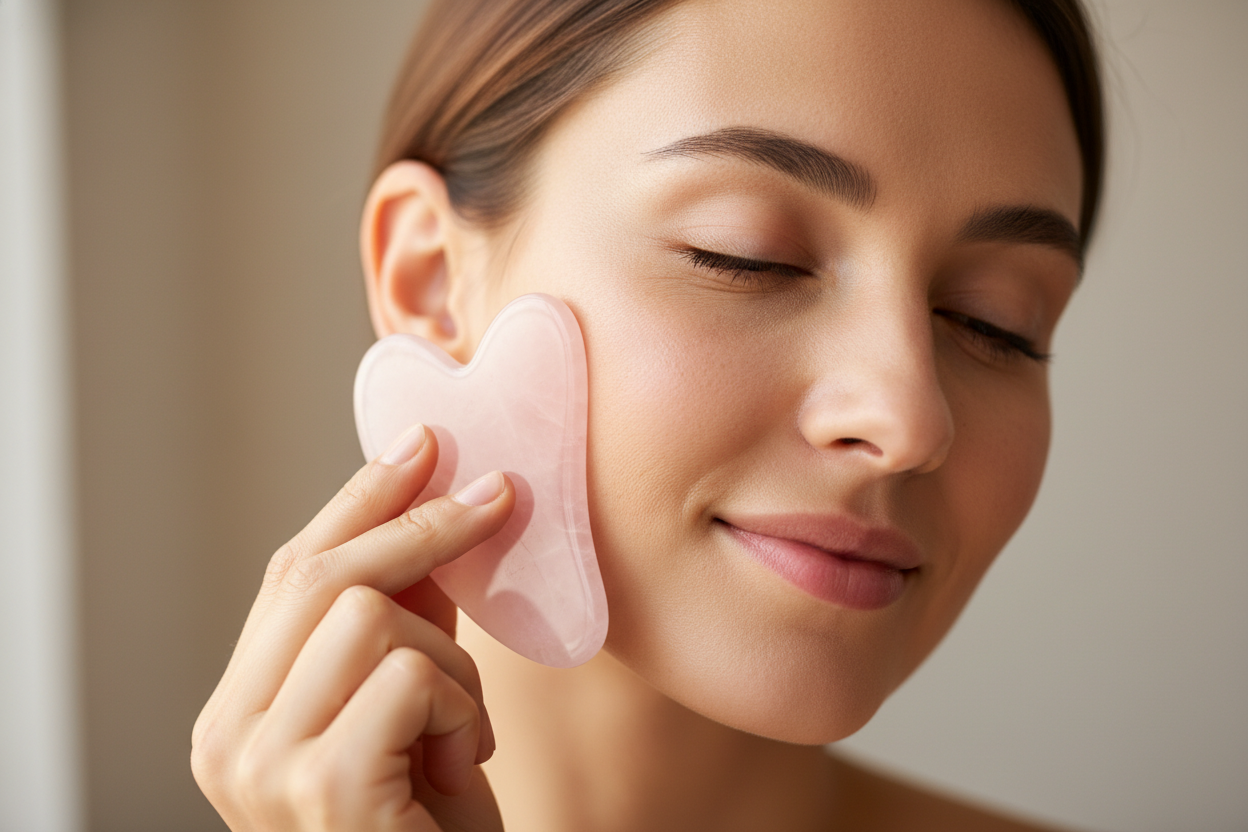 Close-up portrait of a woman with healthy glowing skin using a gua sha stone on her cheek, natural pores and soft realistic texture, minimal makeup, warm daylight from a window, calm and relaxed expression, neutral background, true-to-life colors, slight natural imperfections for authenticity, captured with a professional camera, shallow depth of field, soft focus on the face, natural highlights and reflections, lifestyle skincare photography, extremely photorealistic, not airbrushed